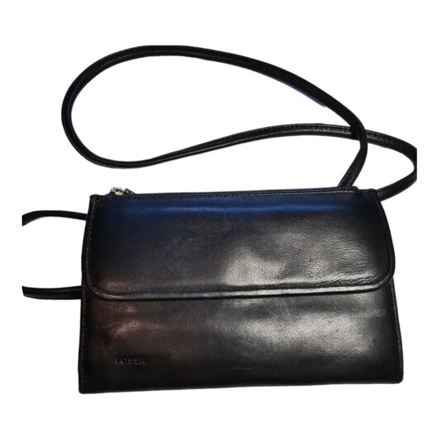 Fossil Black Soft Leather Crossbody Handbag Purse Non Adjustable Strap