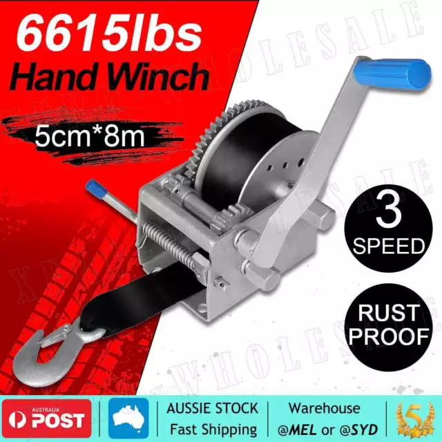 Hand Winch 3000kg / 6615lbs 3 Speed 8M X 50MM Webbing Strap Car Boat Trailer 4WD