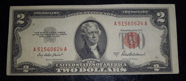 1953-A $2 Two Dollar Bill Red Seal United States Note Out of Center