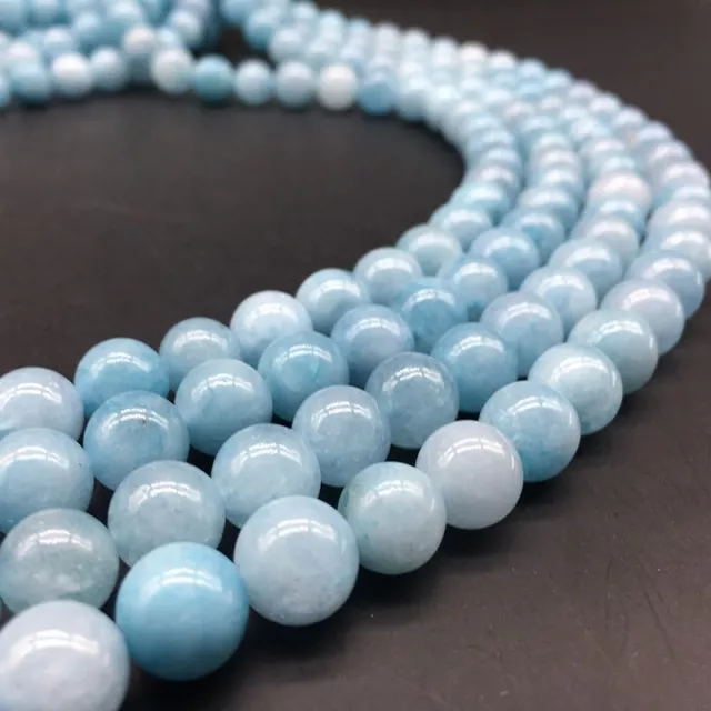 6 8 10 12MM Genuine Natural Aquamarine Round Gemstone Loose Beads 15" Strand AAA