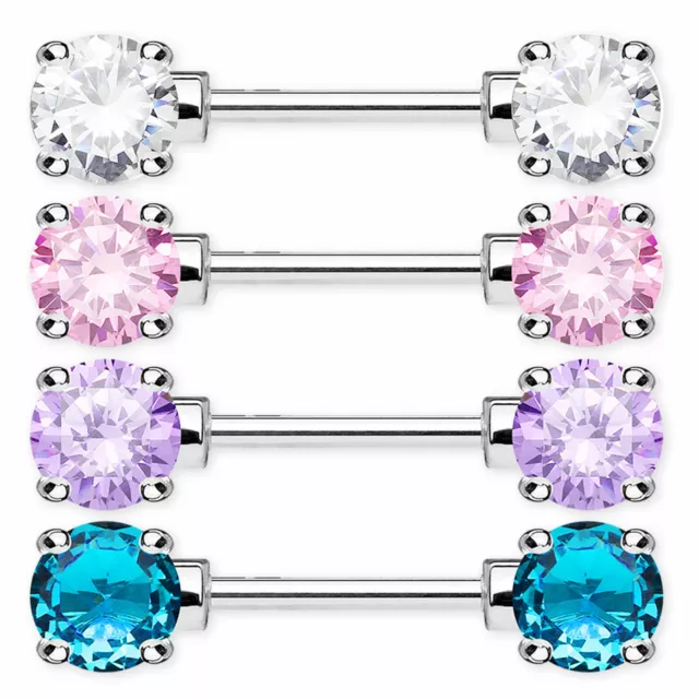 Round Nipple Bar Nipple Ring Barbell Crystal Gem Prong Set Surgical steel