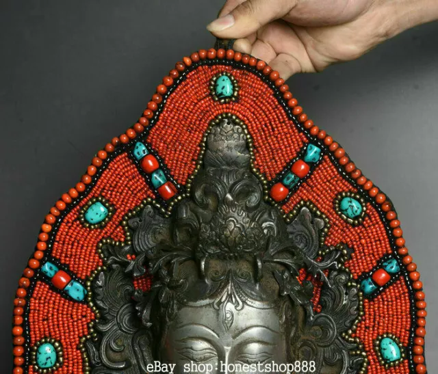 15.2" Old Tibet Buddhism Silver red coral White Tara Goddess Pendant Wall Hang 2