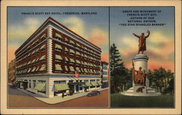 Frederick Maryland Francis Scott Key Hotel & Monument 1940s vintage postcard