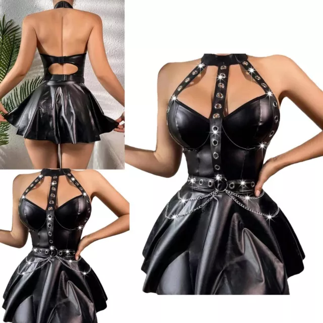 Damen Leder rückenlos A Line Kleid ärmellos Gothic Punk Mini Kleid Clubwear 2