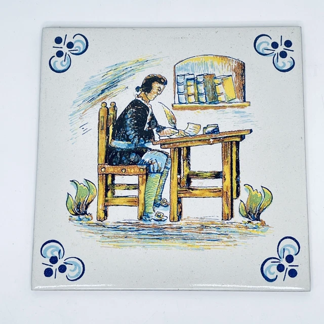 Vintage polychrome Ceramic Tile Folk Art Beer Pottery Villarreal Spain 15x15CM