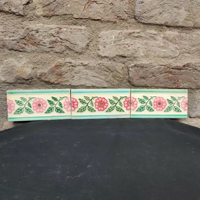 Vintage Architecture Furniture Tile 3 Pc Floral Majolica Art Nouveau Japan CT155