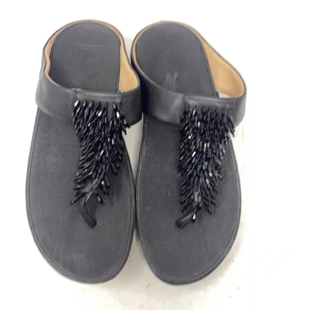 Fitflop Black Leather Wedge Thong Sandals Women’s Sz 11 M Beaded K26-001