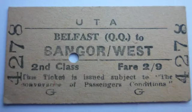 1961 UTA  Belfast (QQ) to Bangor West  Railway Station 2/9 Ticket