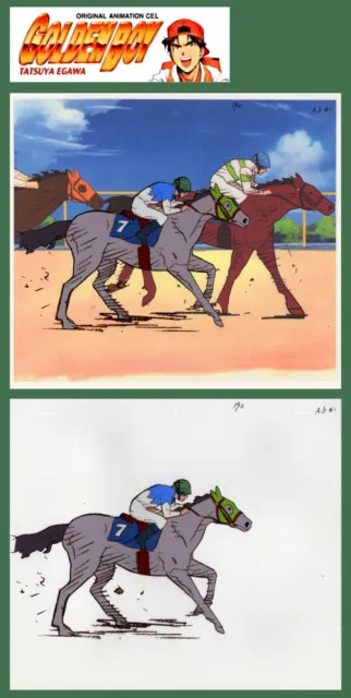 Original GOLDEN BOY Anime Animation Cel/Drawing - Race Horse/Jockey + printed BG