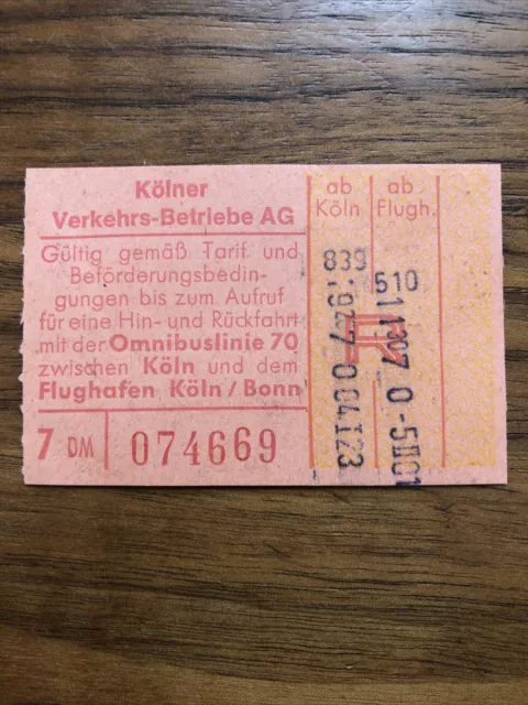 alte Fahrkarte Kölner Verkehrsbetriebe 1977 zum Flughafen Linie 70