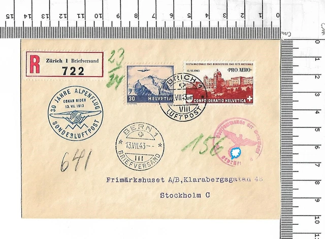 13.vii.43 Pro Aero 30 Jahre Gedenkflug Oskar Bider nach Stockholm Zensur ; 61689