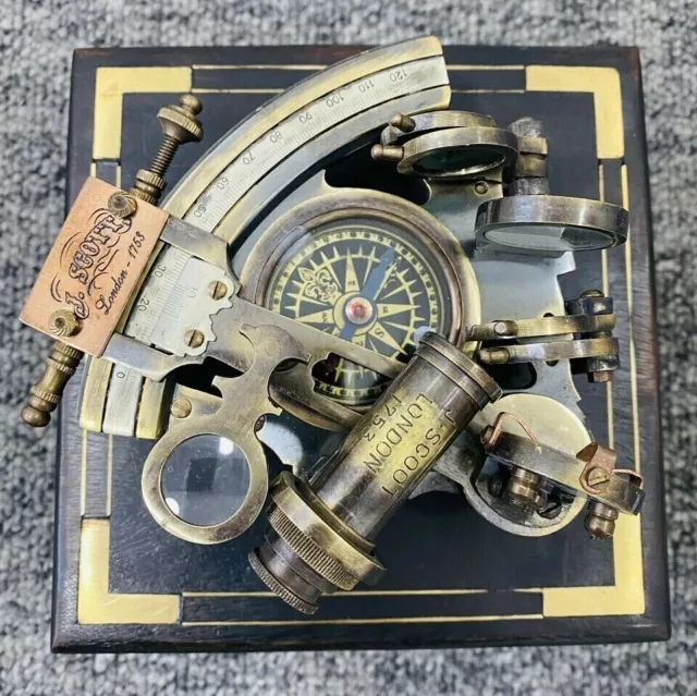 Antique Vintage Maritime J. Scott Astrolabe Nautical Brass Sextant with Compass