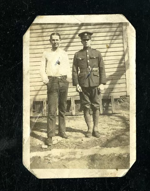 Vintage Photo WWI ERA SOLDIER IN UNIFORM AT HOME WITH DAD