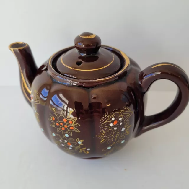 VTG Moriage Redware Brown Betty Teapot with Lid Hand Painted Gold Trim Japan