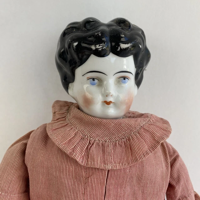 Antique German Low Brow China Head Girl Doll Cloth Body Dress 16” Vintage