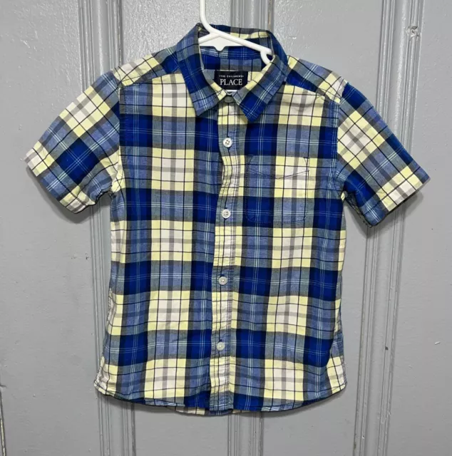 ** 5T ** Childrens Place Button Up Shirt Boys Blue And Yellow Plaid Short Sleeve