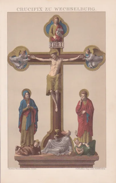 Kruzifix von Wechselburg Kloster 12. Jahrhundert CHROMOLITHOGRAPHIE von 1898 Zs