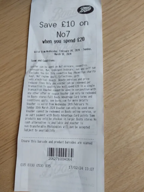 No 7 £10 Off £20 voucher in Boots stores only