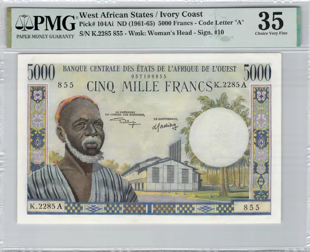 States Of THE WEST AFRICA - Side / Coast Ivory - 5000 Francs - ND - PMG 35 VF