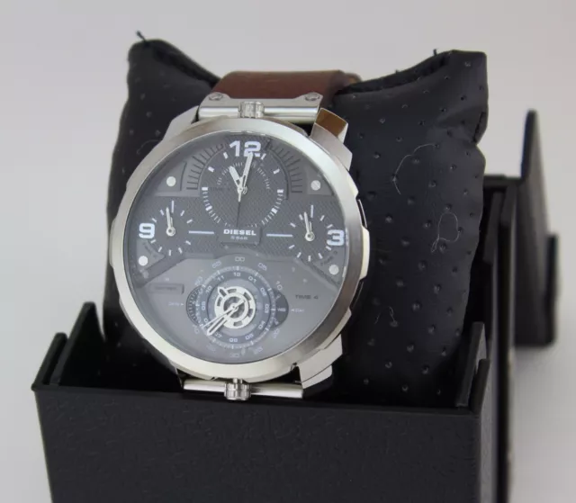 New Authentic Diesel Machinus Silver Grey Brown 4 Time Zone Men's Dz7360 Watch