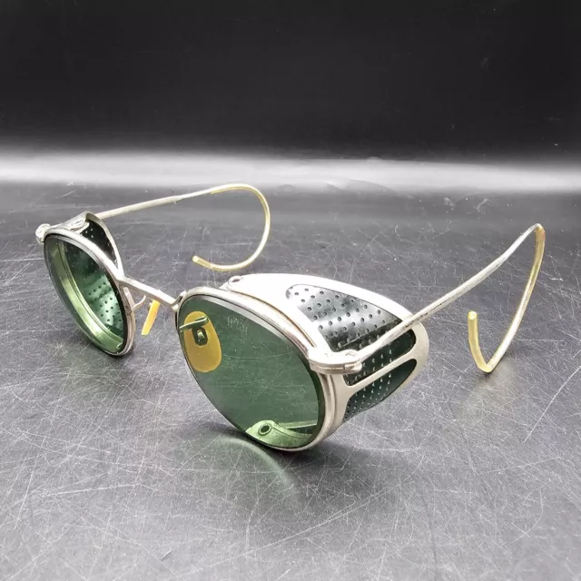 Antique WWII Green Welsh Goggles Sunglasses Spectacles Vtg Steampunk Glasses