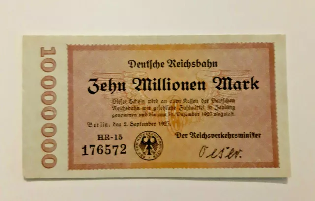 Deutsche Reichsbahn 10 Millionen Mark Berlin 1923 Banknote (10908)