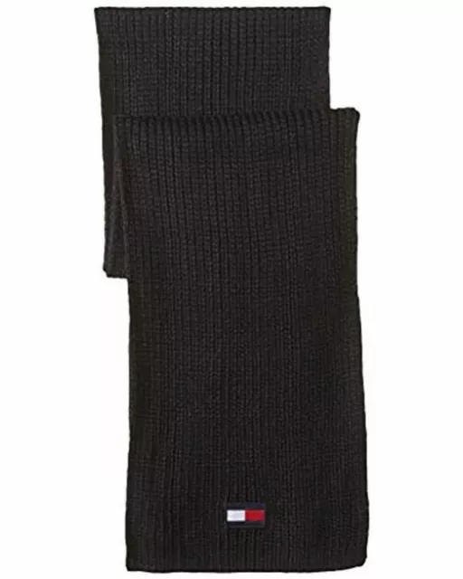 $180 Tommy Hilfiger Men'S Black Warm Logo Winter Ribbed Knit Long Muffler Scarf