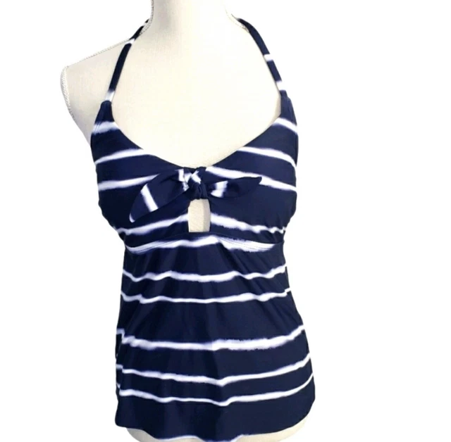Blue & White Tie-Dye Halter Tie-Back Removable Cup Swimwear Tankini Top S NWT