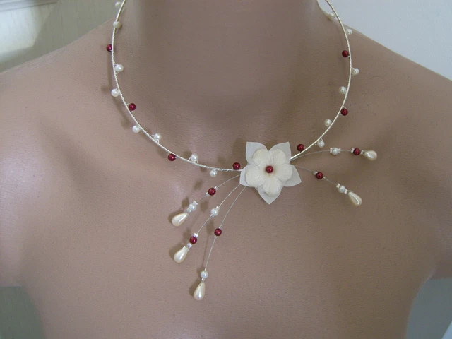 Collier Bleu Turquoise/Argenté/Ecru Fleur robe Mariée/Mariage