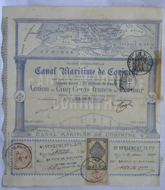 1887  Romania: Canal Maritime de Corinthe-Share of  500 Francs