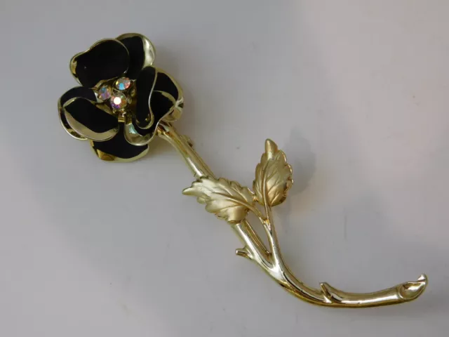 Vintage Black Dalia Enamel Long Stem Rose Flower Gold tone Brooch 4j 72