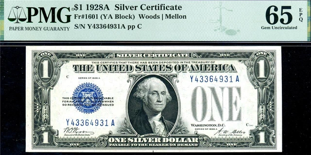 HGR SUNDAY 1928A $1 Silver Certificate (FUNNY BACK Y-A Block) PMG GEM UNC 65EPQ