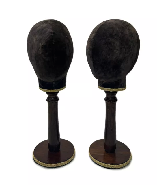 Pair of Medieval Style Replica Hat / Wig Stand with Wood Base & Velvet Head