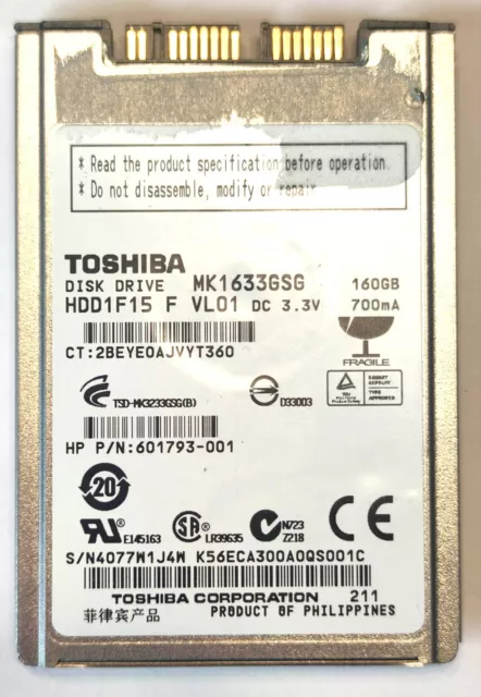 Disque dur 1,8" Toshiba MK1633GSG pour HP Elitebook 2530p mSATA 160 Go