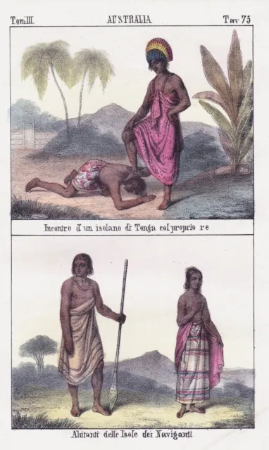 Tonga Island Samoa Islands Polynesia Pacific Ocean Costumes Lithographie 1840