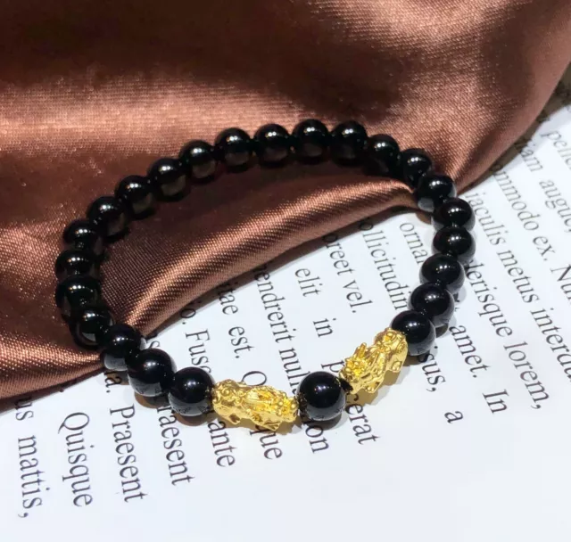 999 Pure 24K Yellow Gold mm 3D Lucky Pixiu Link Black Agate 6mm Chain Bracelet