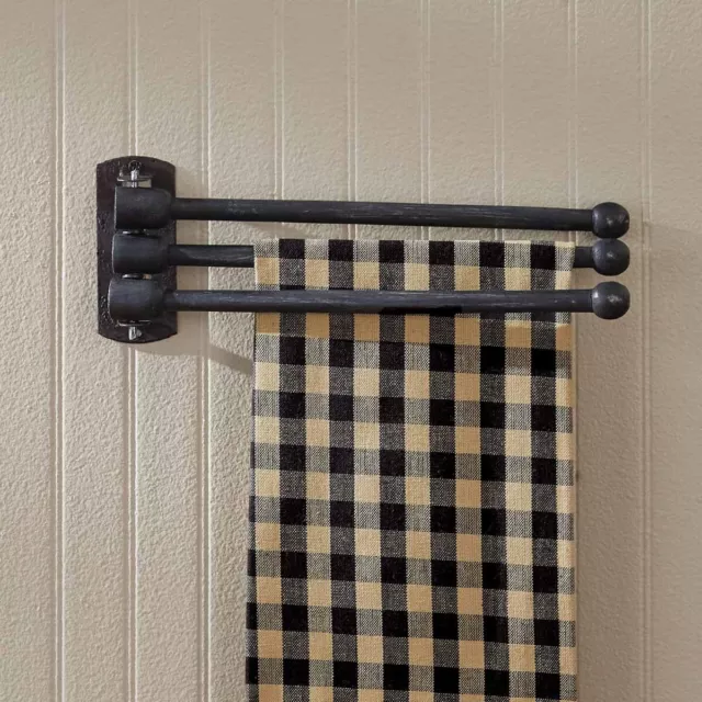 Primitive Country Farmhouse Rustic 3 Prong Black Wood Towel Rack