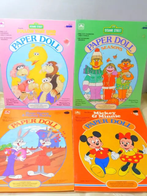 4 1980's Uncut Paper Dolls Golden Books -Muppets, Mickey Mouse, Bugs Bunny
