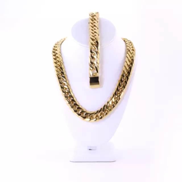 Anti-Tarnish 14K Gold Finish Heavy Miami Cuban Link Chain Bracelet 18Mm 24''