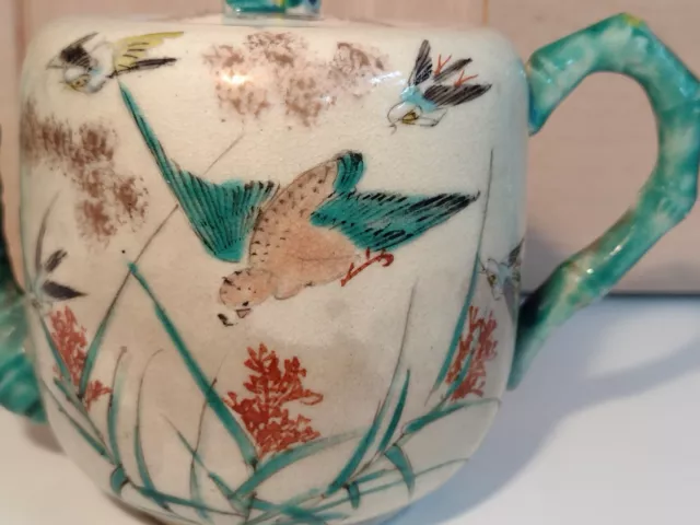 Antique Japanese Porcelain Hand painted Birds and Bamboo Small Teapot Signed 3