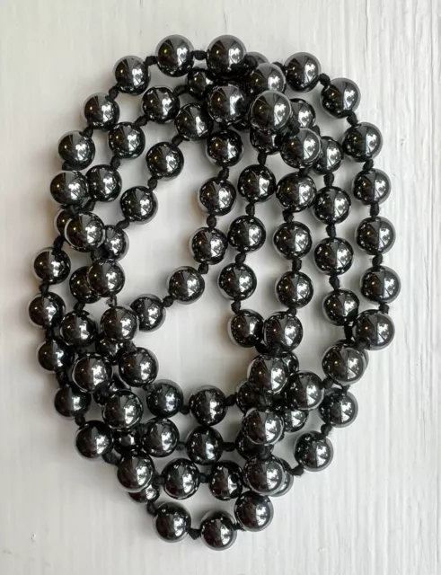 33” Necklace Hematite Stone Polished 8mm Beads Hand Knotted No Clasp