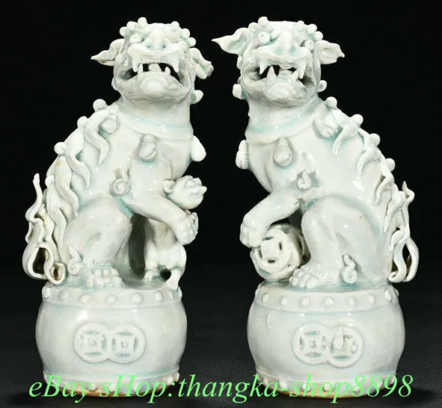 6.2" Old Song Dynasty Hutian Kiln Porcelain Foo Fu Dog Guardion Lion Statue Pair