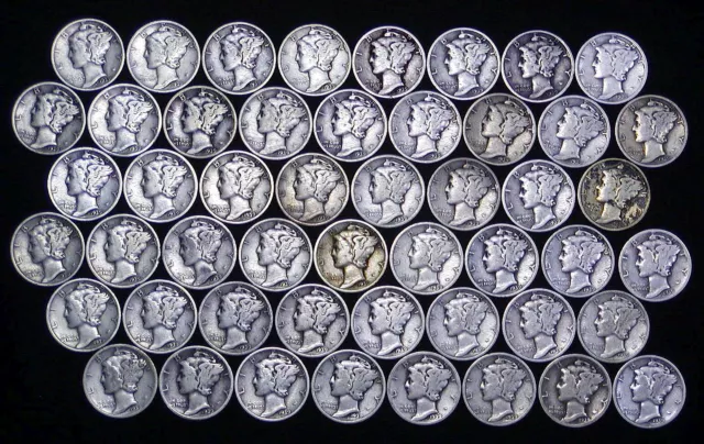 Full Roll Lot of 50 UNITED STATES Silver 1939 Mercury Liberty Head  Dimes LOOK