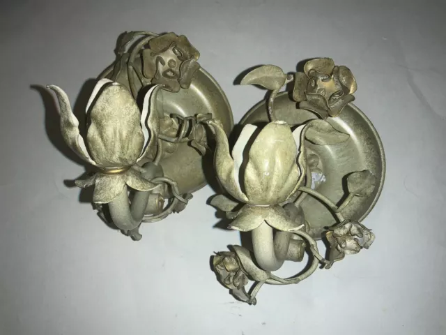 Mid Century Hollywood Regency Italian Tole Floral Candle Sconce Flower White