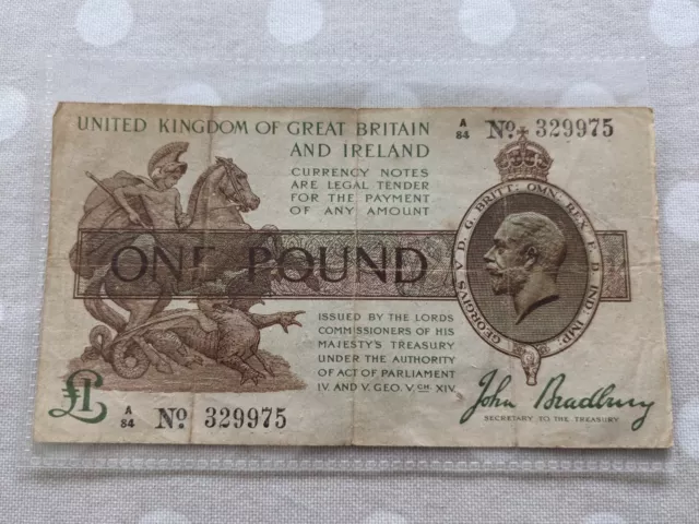 John Bradbury GB & Ireland One Pound Treasury Issue Banknote A84 No 329975 KGV