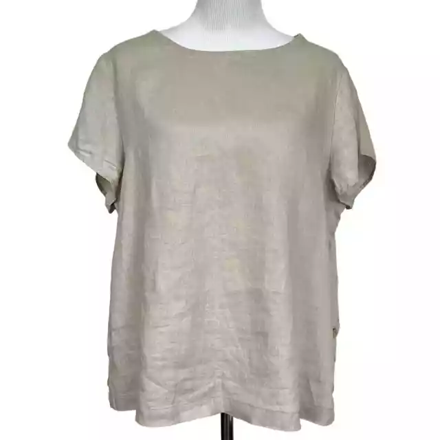Cynthia Rowley Womens Linen Side Button Shirt Blouse Top XL Beige Short Sleeve