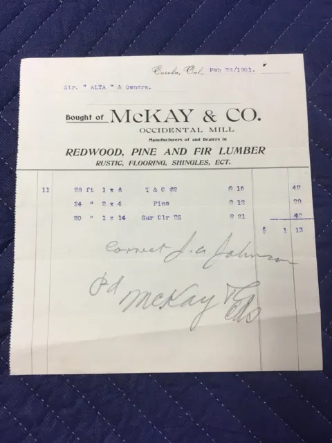 McKay & Co Occidental Mill, Eureka California Billhead 1901 - redwood, pine, fir