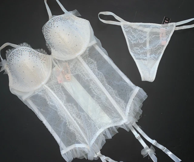VICTORIA'S SECRET 36B,36C GARTER SLIP corset+L thong BRIDAL white