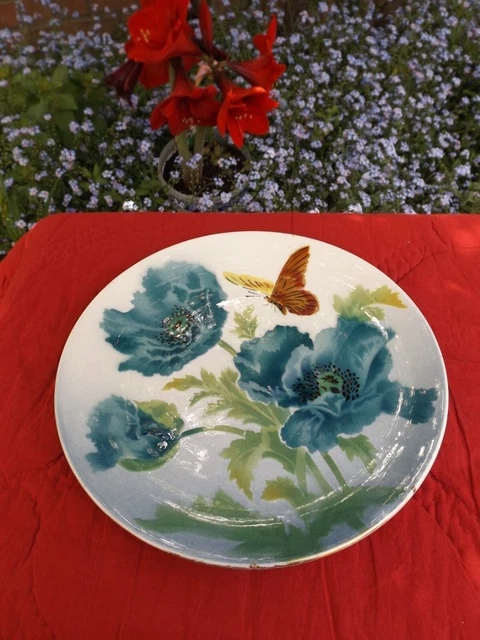 Assiette Décorative Fleurie Anémones Bleues Papillon Ancienne Faïence St Amand