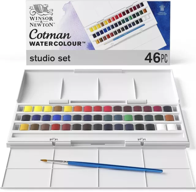 Winsor & Newton Cotman Watercolour, set da studio, 45 acquerelli e 1 pennello